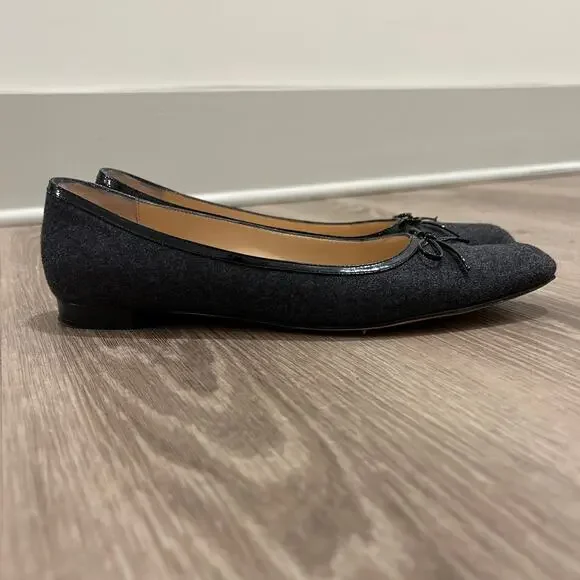 Manolo Blahnik Pointed Toe Ballet Flats Gray Wool Bow Trim Italy EU 38